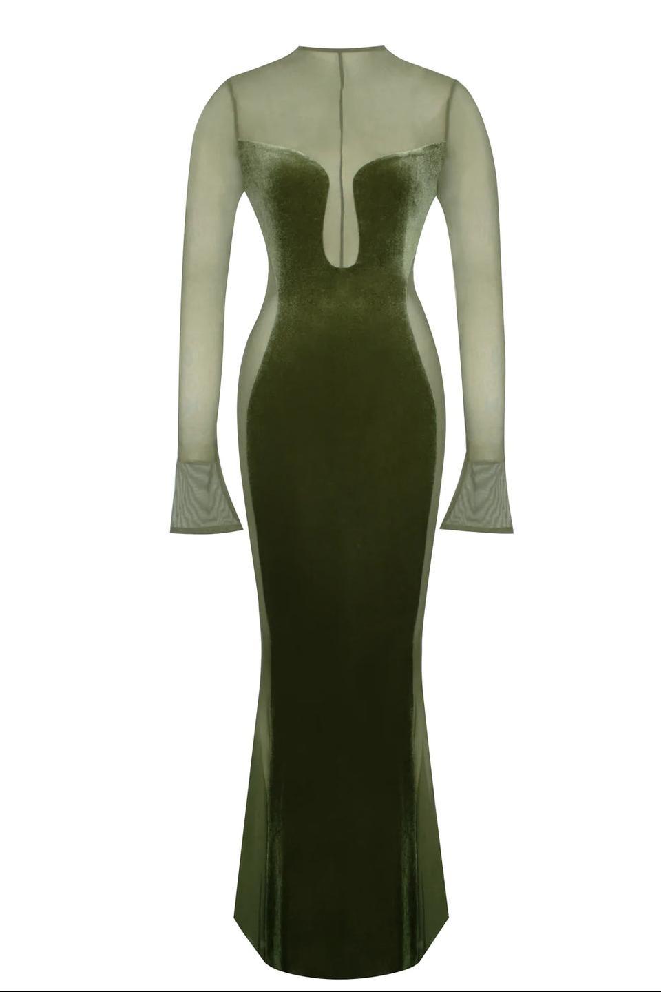 Mesh Splicing Velvet See-Through Maxi Dress