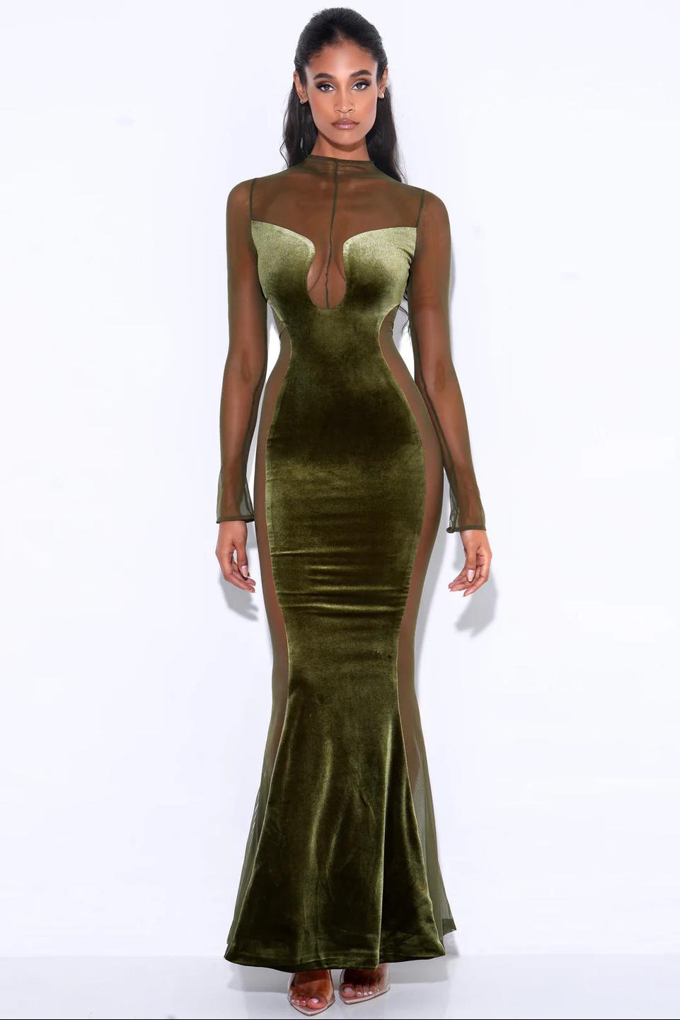 Mesh Splicing Velvet See-Through Maxi Dress