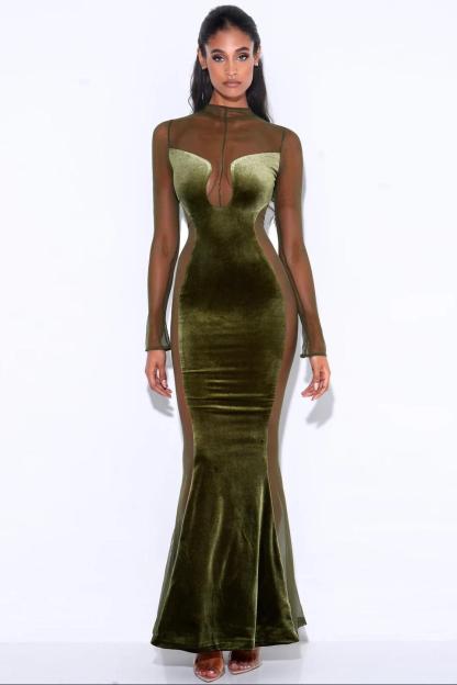 Mesh Splicing Velvet See-Through Maxi Dress