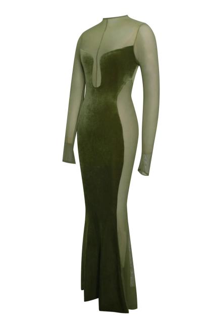 Mesh Splicing Velvet See-Through Maxi Dress