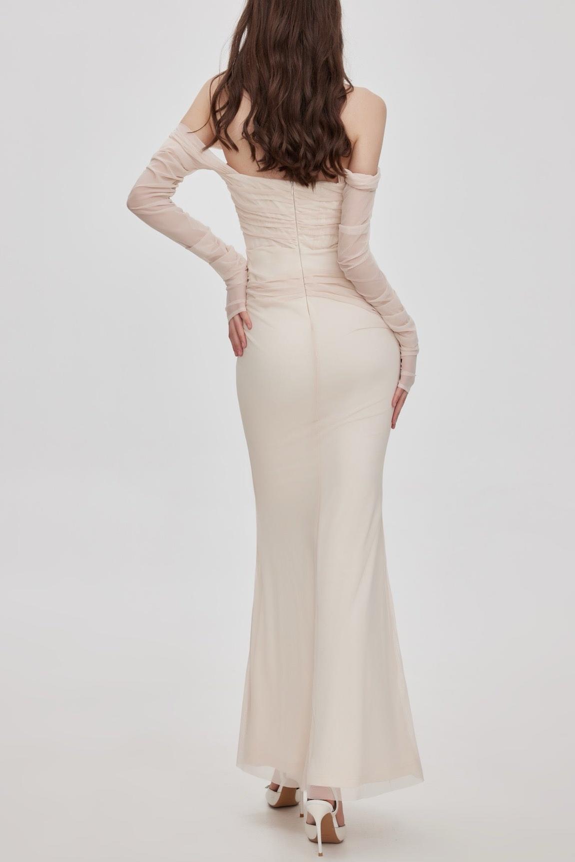 Mesh Gathering Off-Shoulder Midi Dress