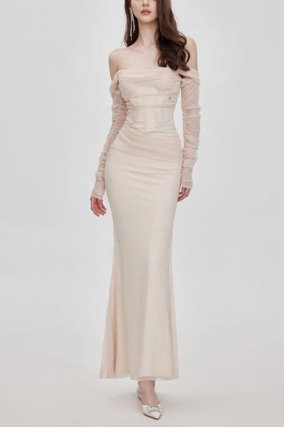 Mesh Gathering Off-Shoulder Midi Dress