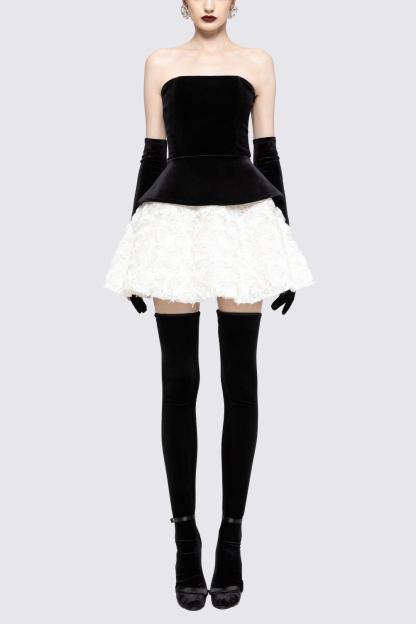 Velvet Off-Shoulder Tie-Up Top & 3D Flower Mid Waist Mini Skirt Set