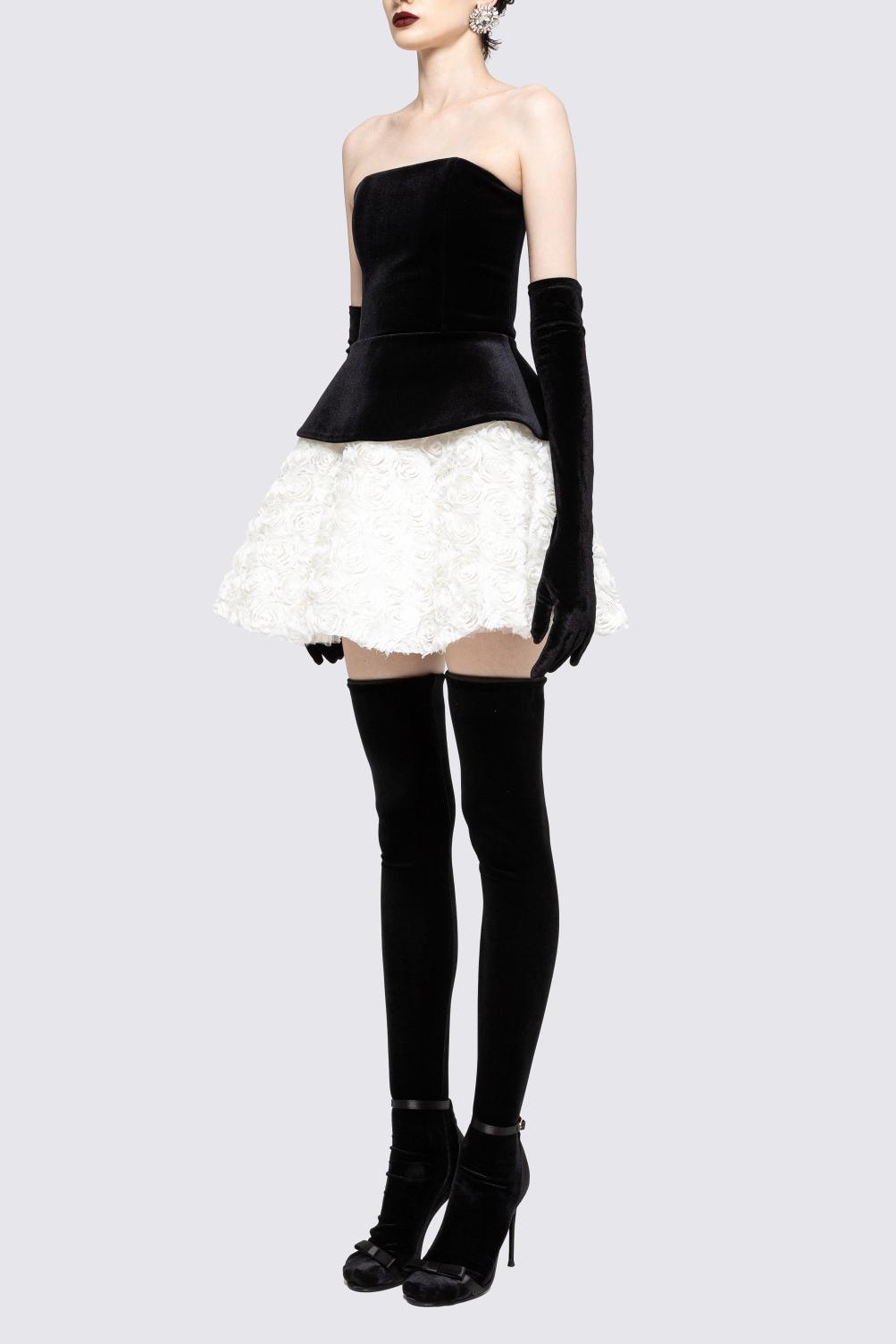 Velvet Off-Shoulder Tie-Up Top & 3D Flower Mid Waist Mini Skirt Set