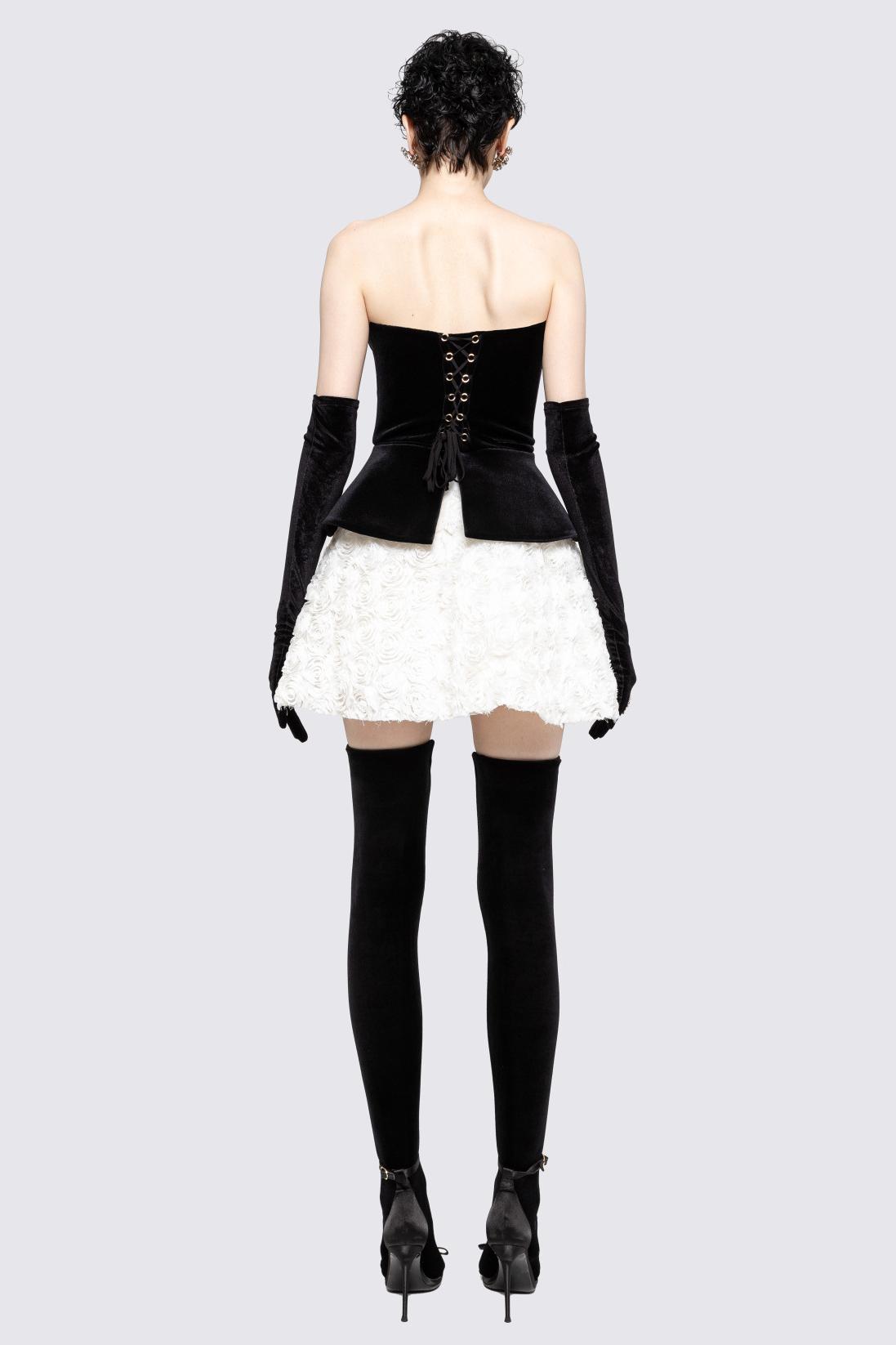 Velvet Off-Shoulder Tie-Up Top & 3D Flower Mid Waist Mini Skirt Set