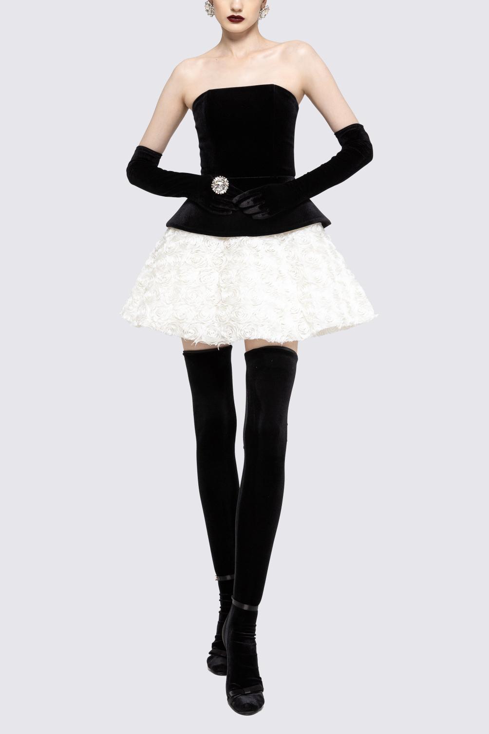 Velvet Off-Shoulder Tie-Up Top & 3D Flower Mid Waist Mini Skirt Set