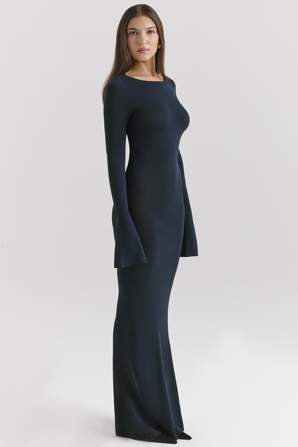Solid Backless Long Sleeve Maxi Dress