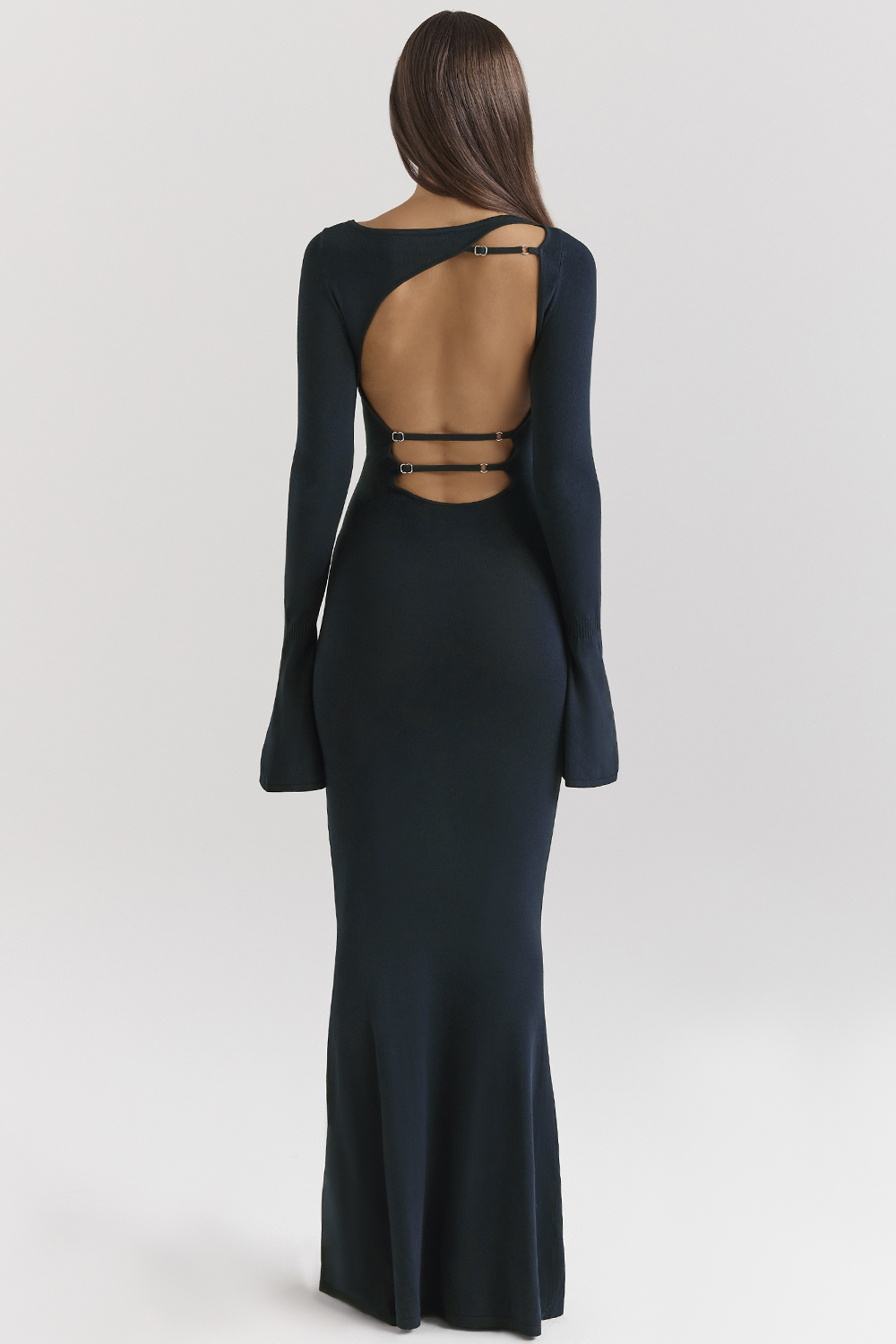 Solid Backless Long Sleeve Maxi Dress