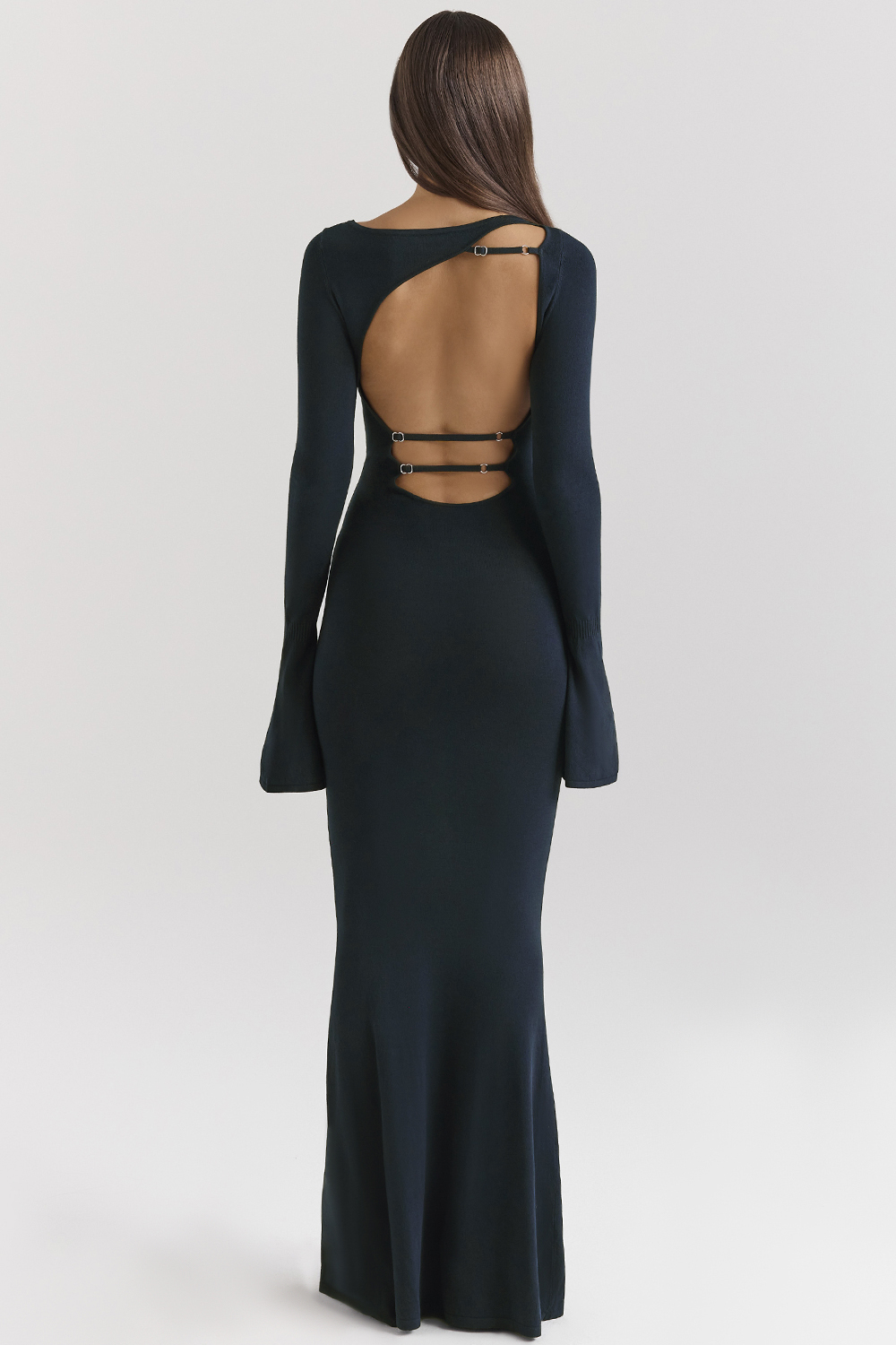 Solid Backless Long Sleeve Maxi Dress