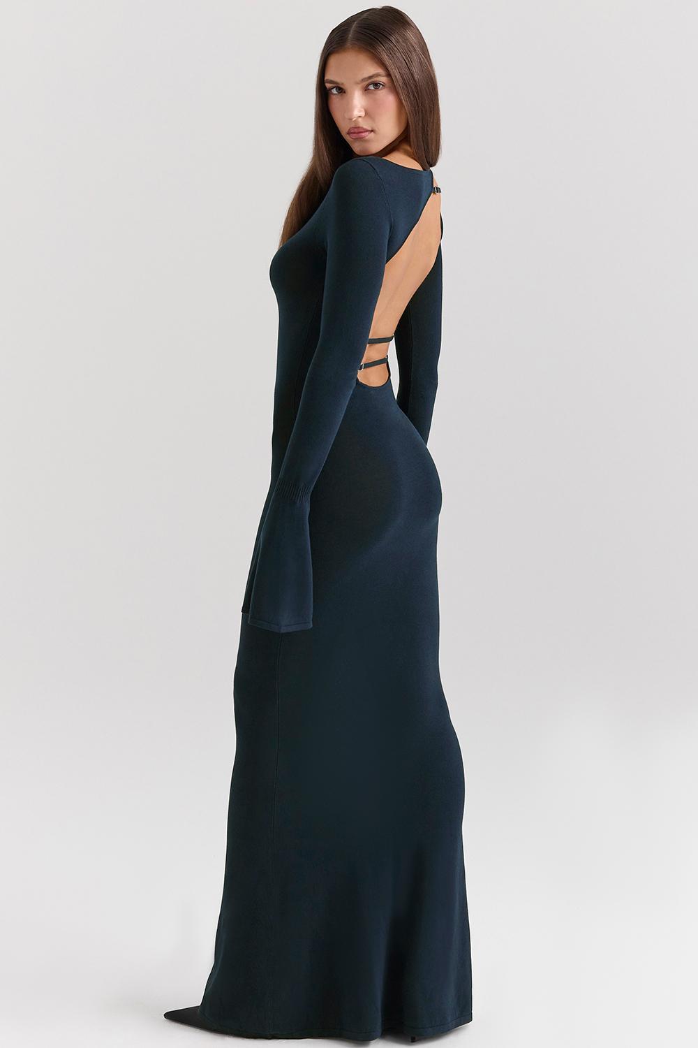 Solid Backless Long Sleeve Maxi Dress