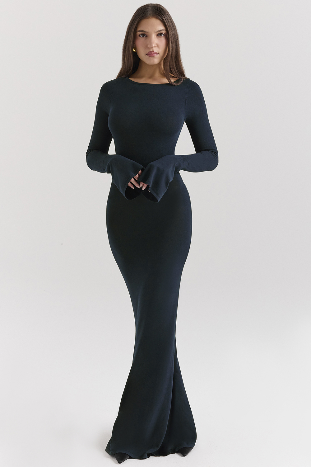 Solid Backless Long Sleeve Maxi Dress