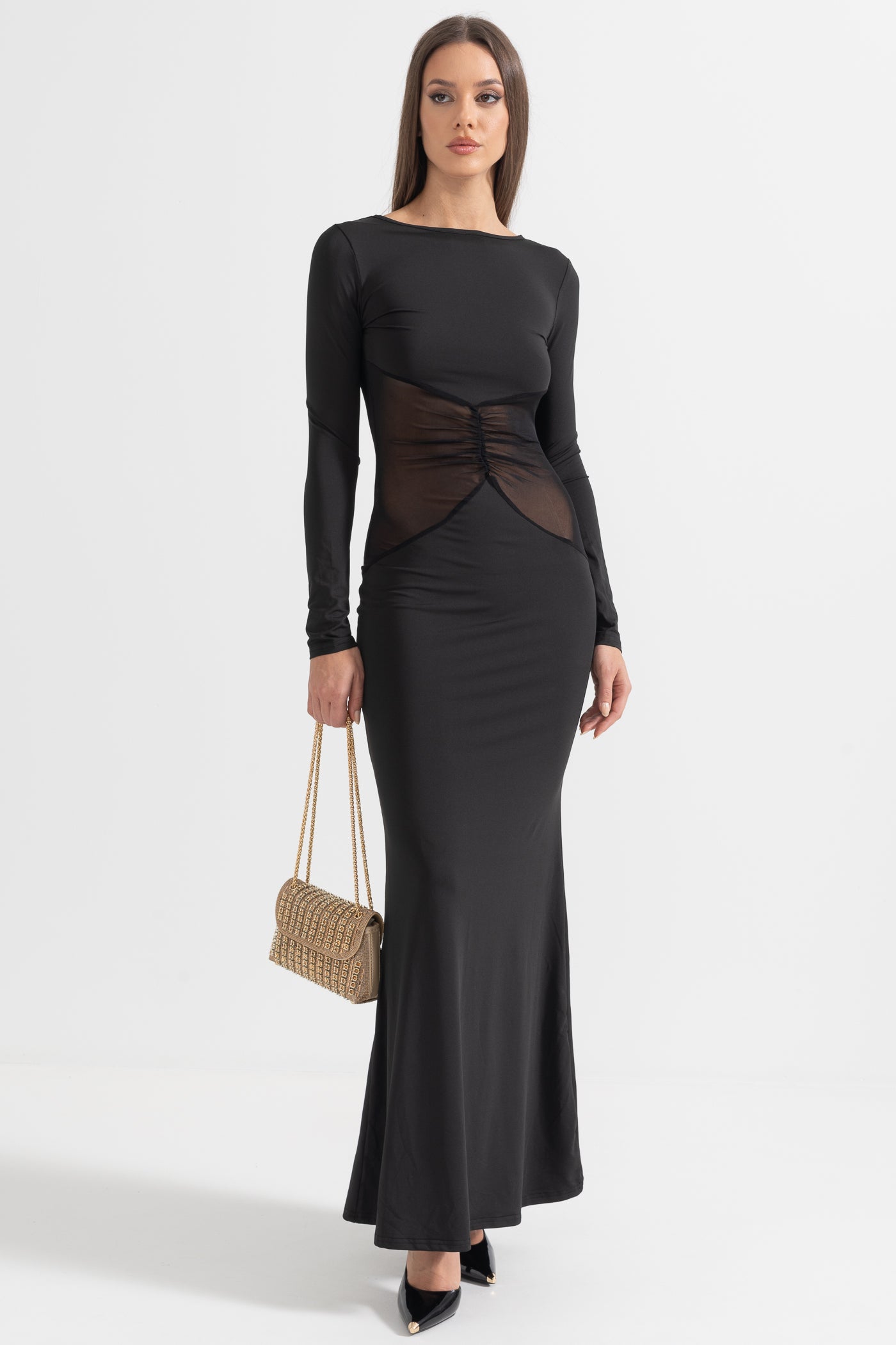 Mesh Splicing Jersey See-Through Long Sleeve Maxi Dress
