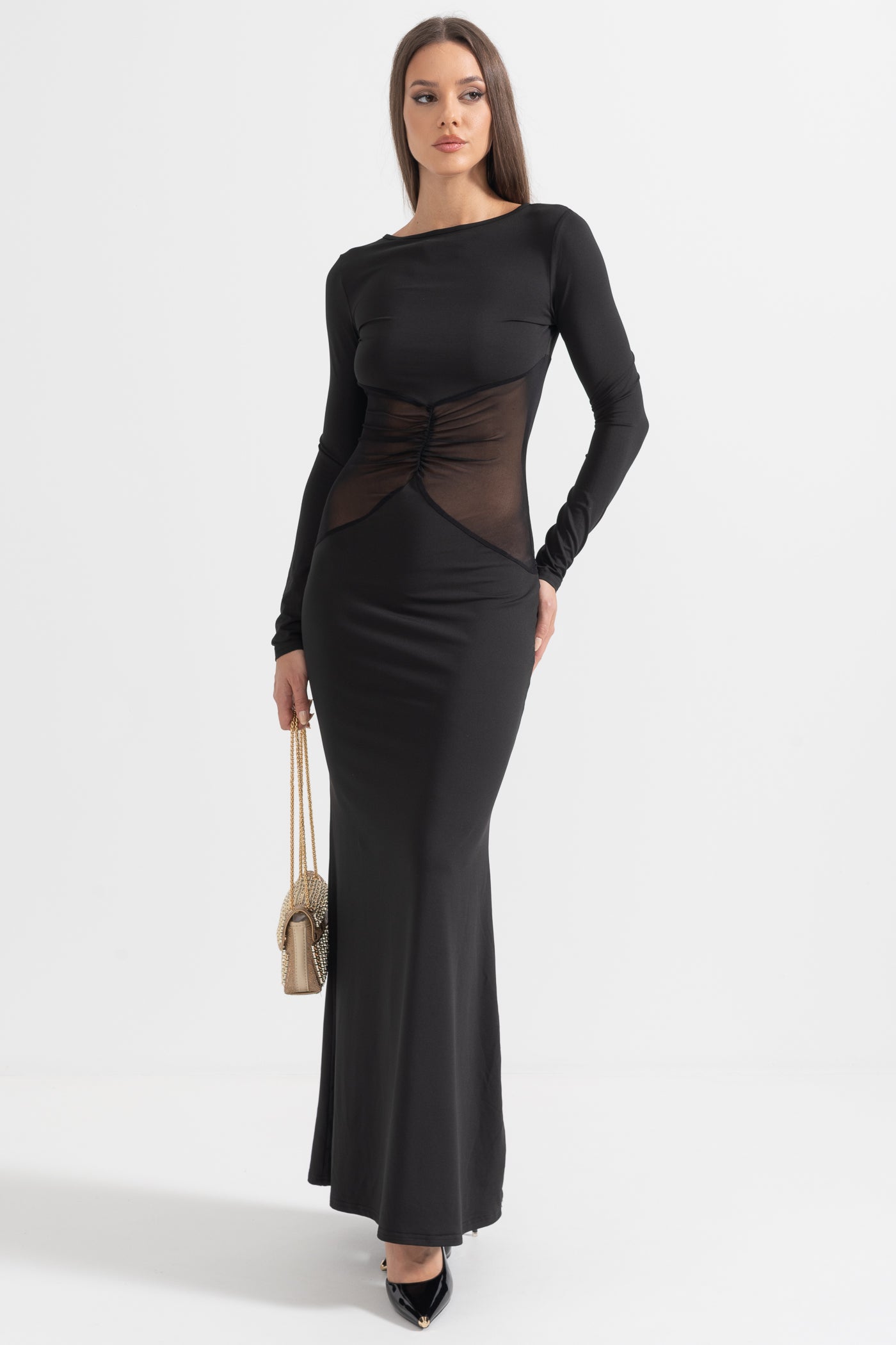 Mesh Splicing Jersey See-Through Long Sleeve Maxi Dress