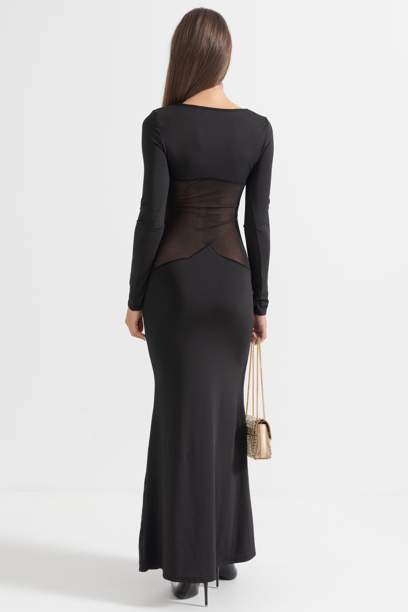 Mesh Splicing Jersey See-Through Long Sleeve Maxi Dress