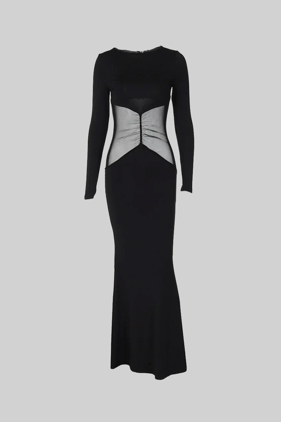 Mesh Splicing Jersey See-Through Long Sleeve Maxi Dress