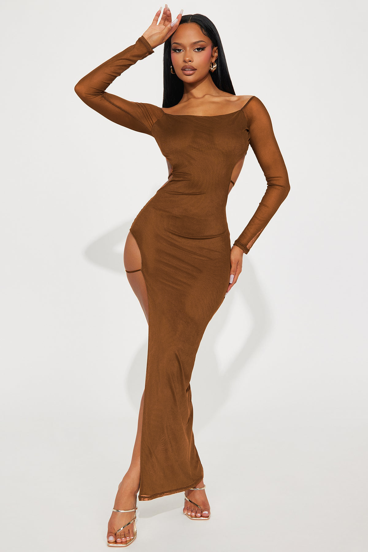 Solid Cut-Out Slit Off-Shoulder Midi Dress