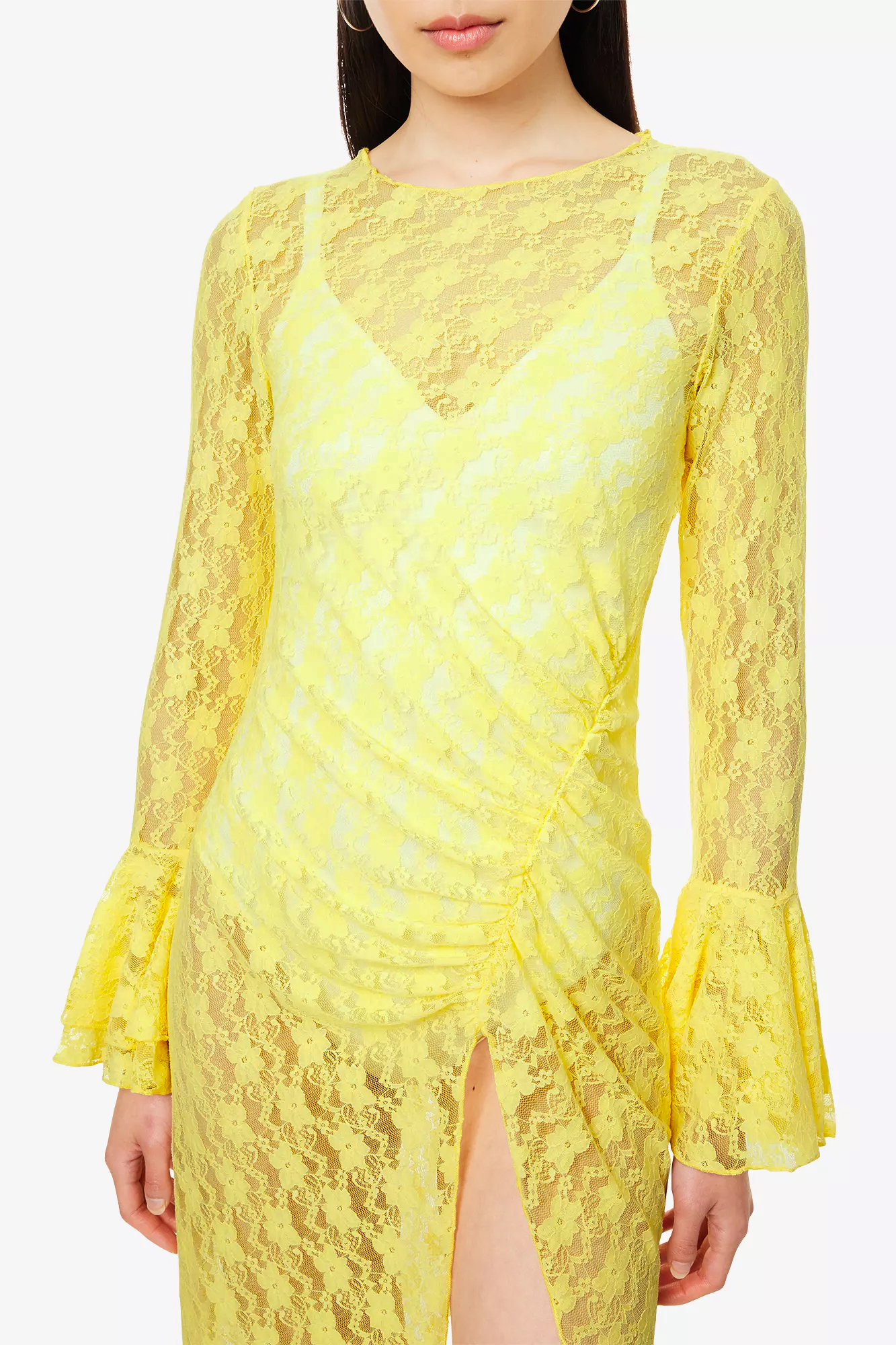 Lace See-Through Frill Slit Midi Dress