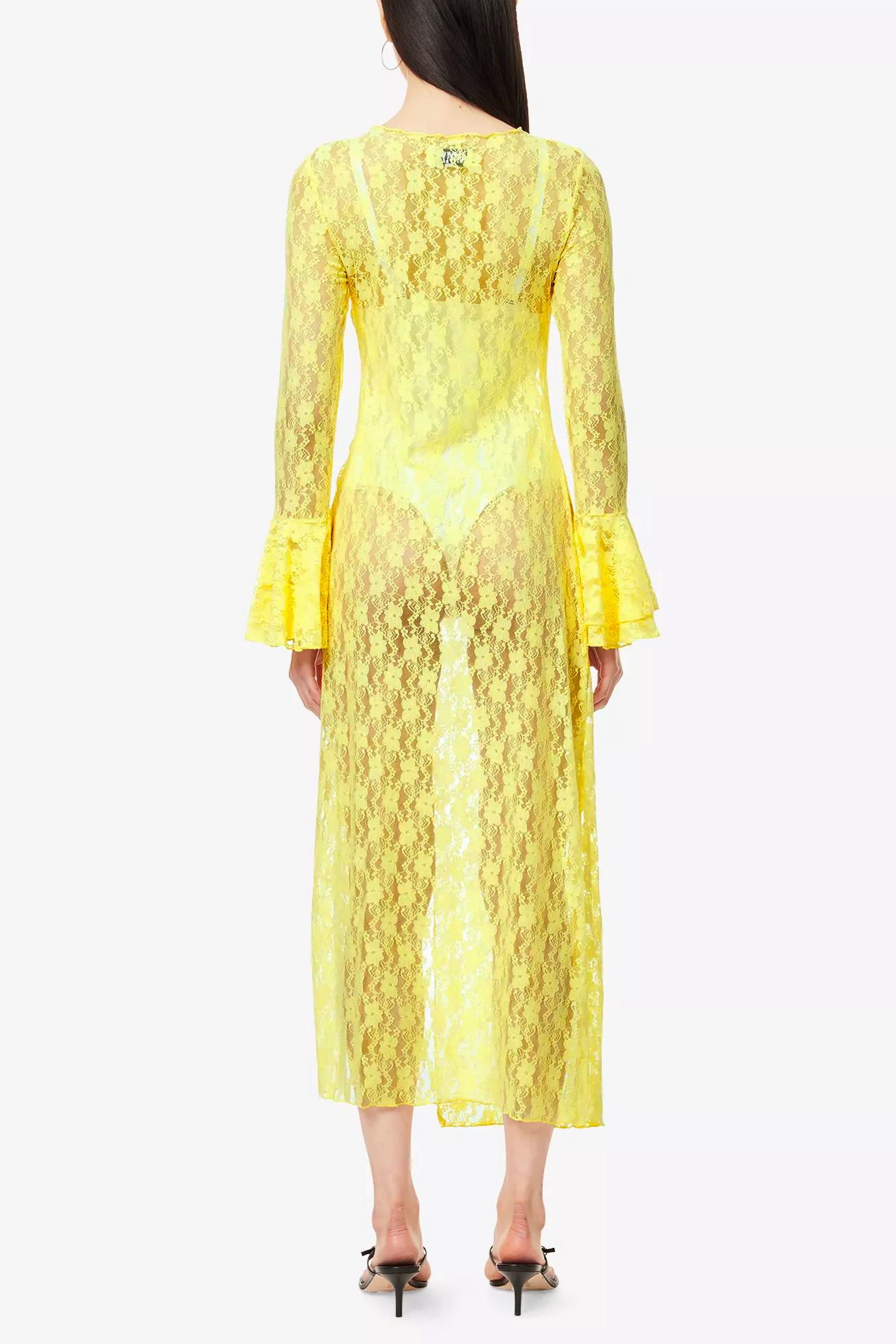 Lace See-Through Frill Slit Midi Dress