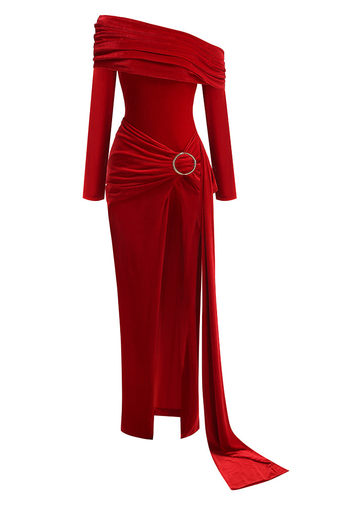 Velvet Metal Decorations Off-Shoulder Slit Maxi Dress