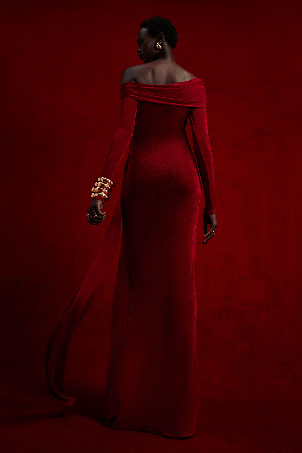 Velvet Metal Decorations Off-Shoulder Slit Maxi Dress