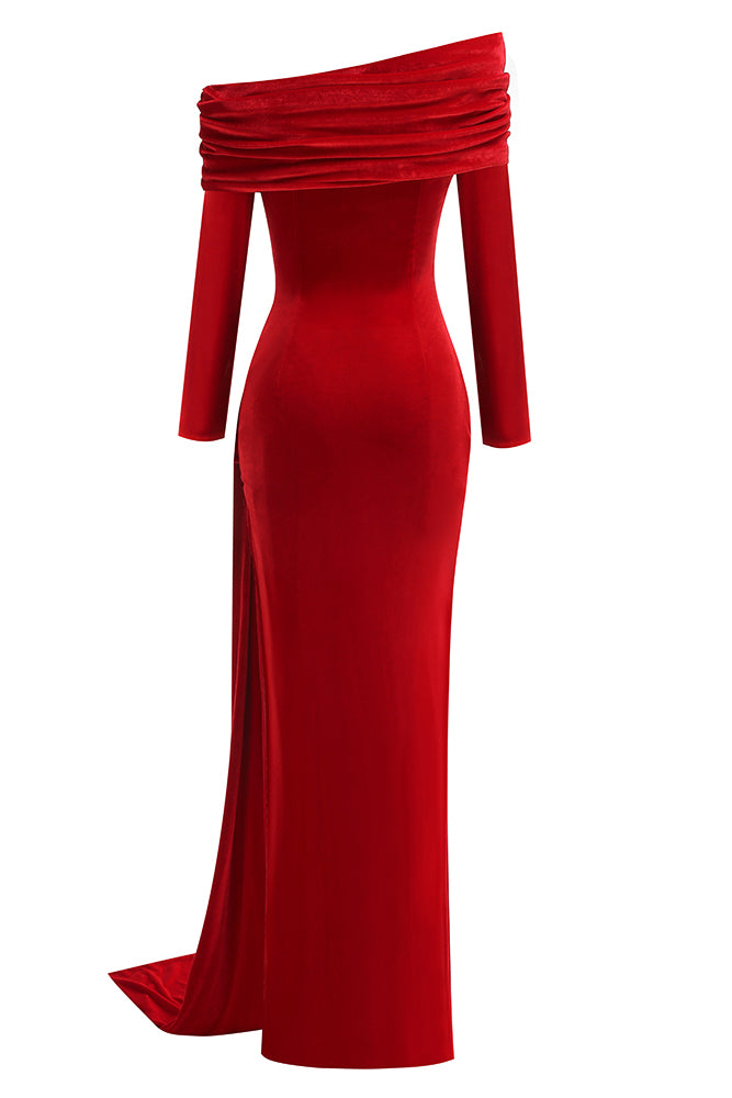 Velvet Metal Decorations Off-Shoulder Slit Maxi Dress