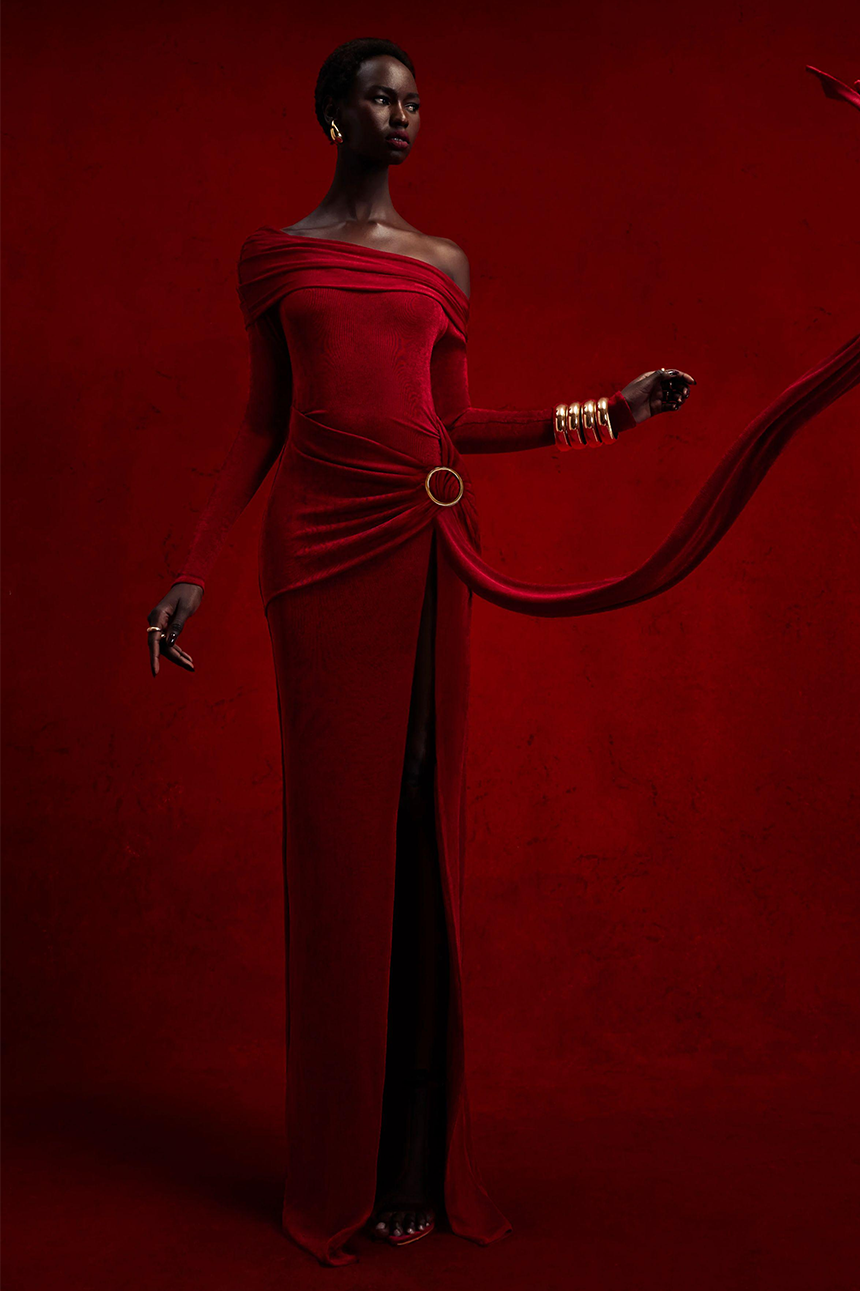 Velvet Metal Decorations Off-Shoulder Slit Maxi Dress