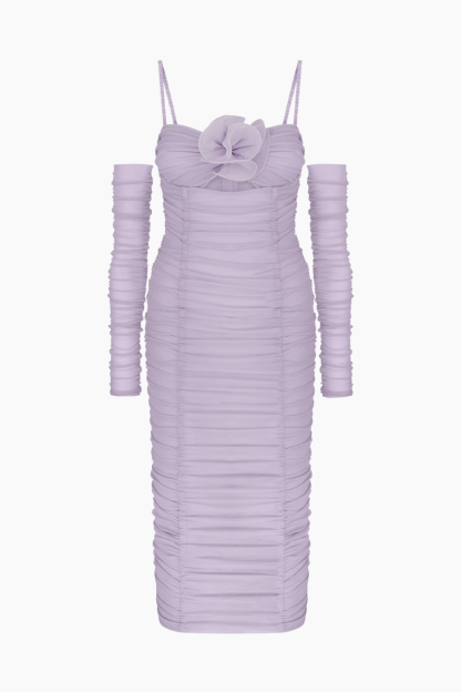 Mesh Gathering 3D Flower Midi Dress