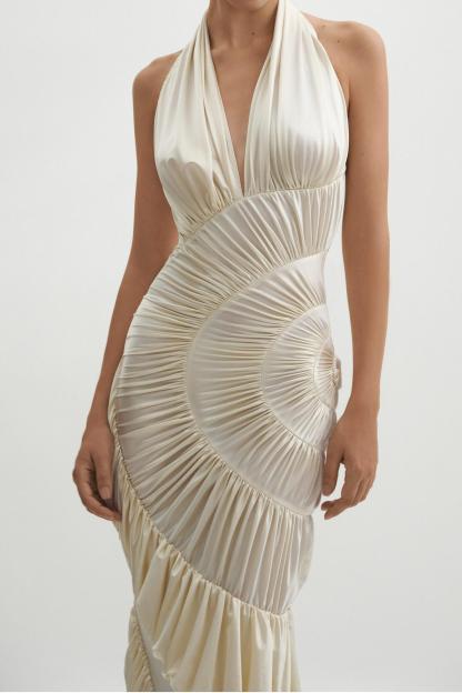 Solid Halter Neck Ruffle Maxi Dress