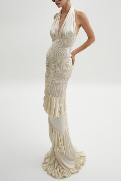 Solid Halter Neck Ruffle Maxi Dress