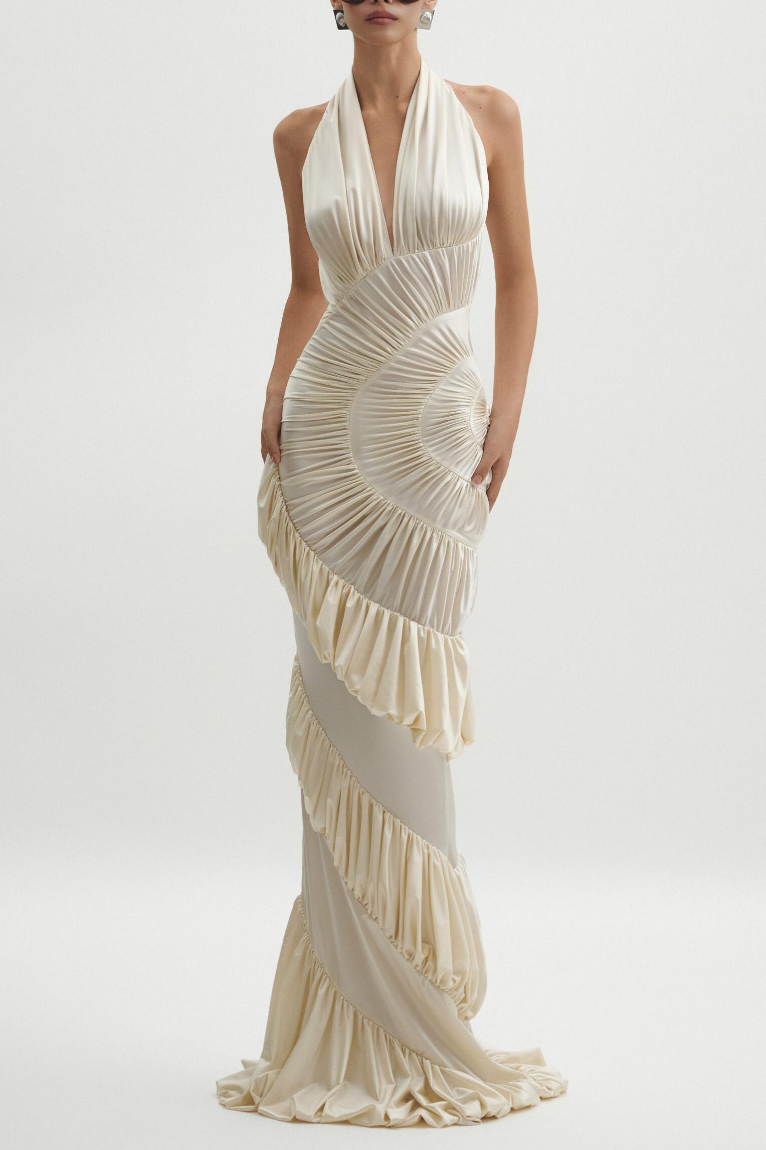 Solid Halter Neck Ruffle Maxi Dress