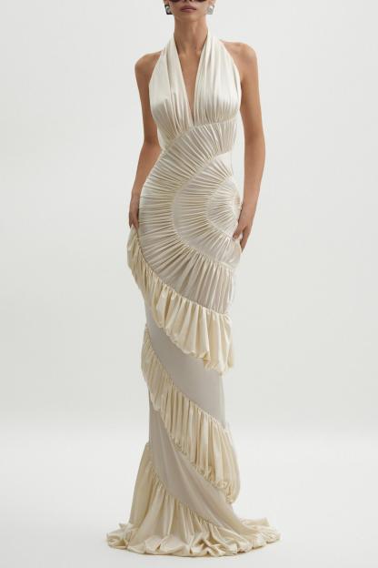 Solid Halter Neck Ruffle Maxi Dress