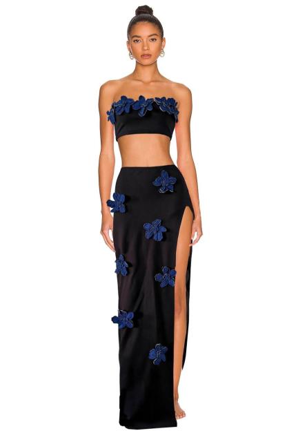 3D Flower Off-Shoulder Top &  Mid Waist Slit Maxi Skirt Set
