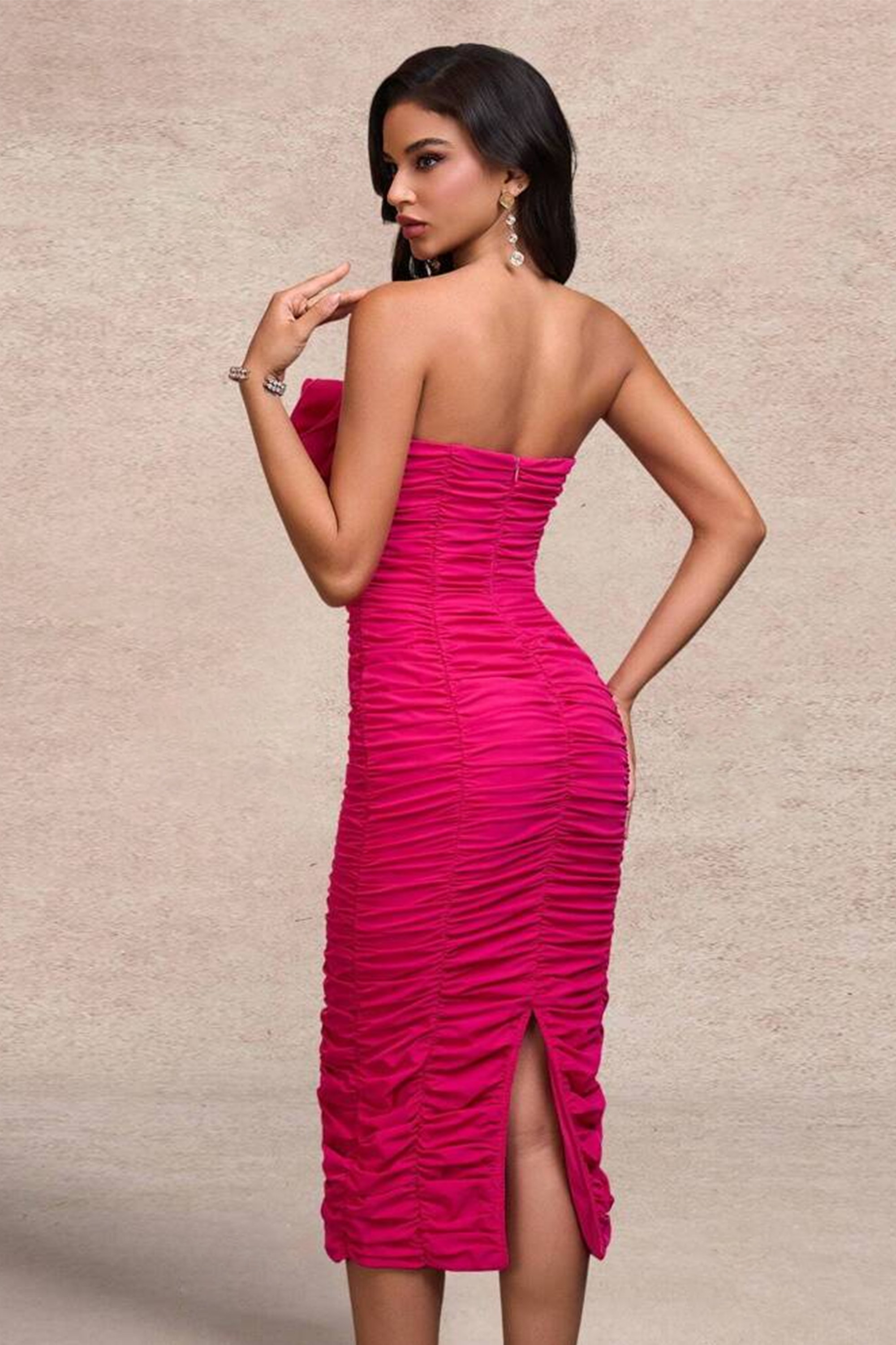 Solid Off-Shoulder Ruched Midi Dress