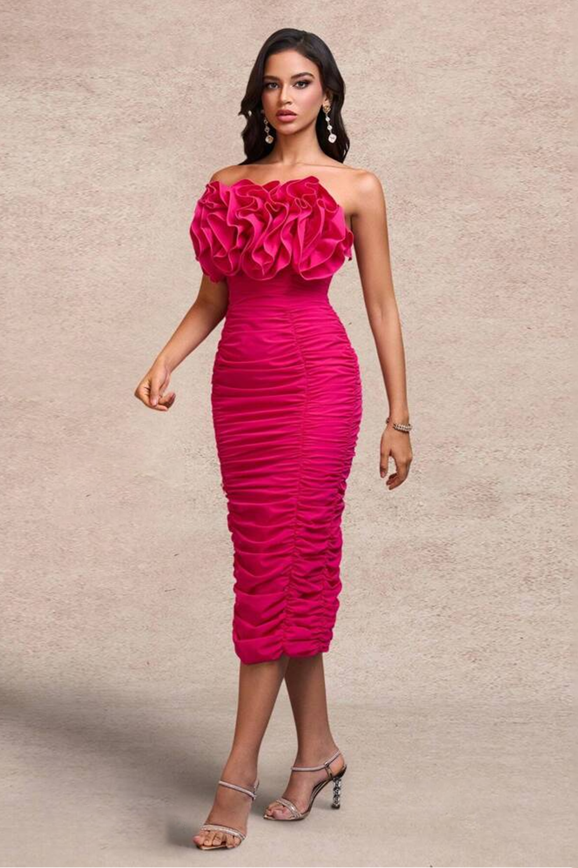 Solid Off-Shoulder Ruched Midi Dress