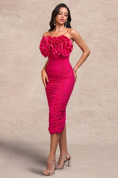 Solid Off-Shoulder Ruched Midi Dress