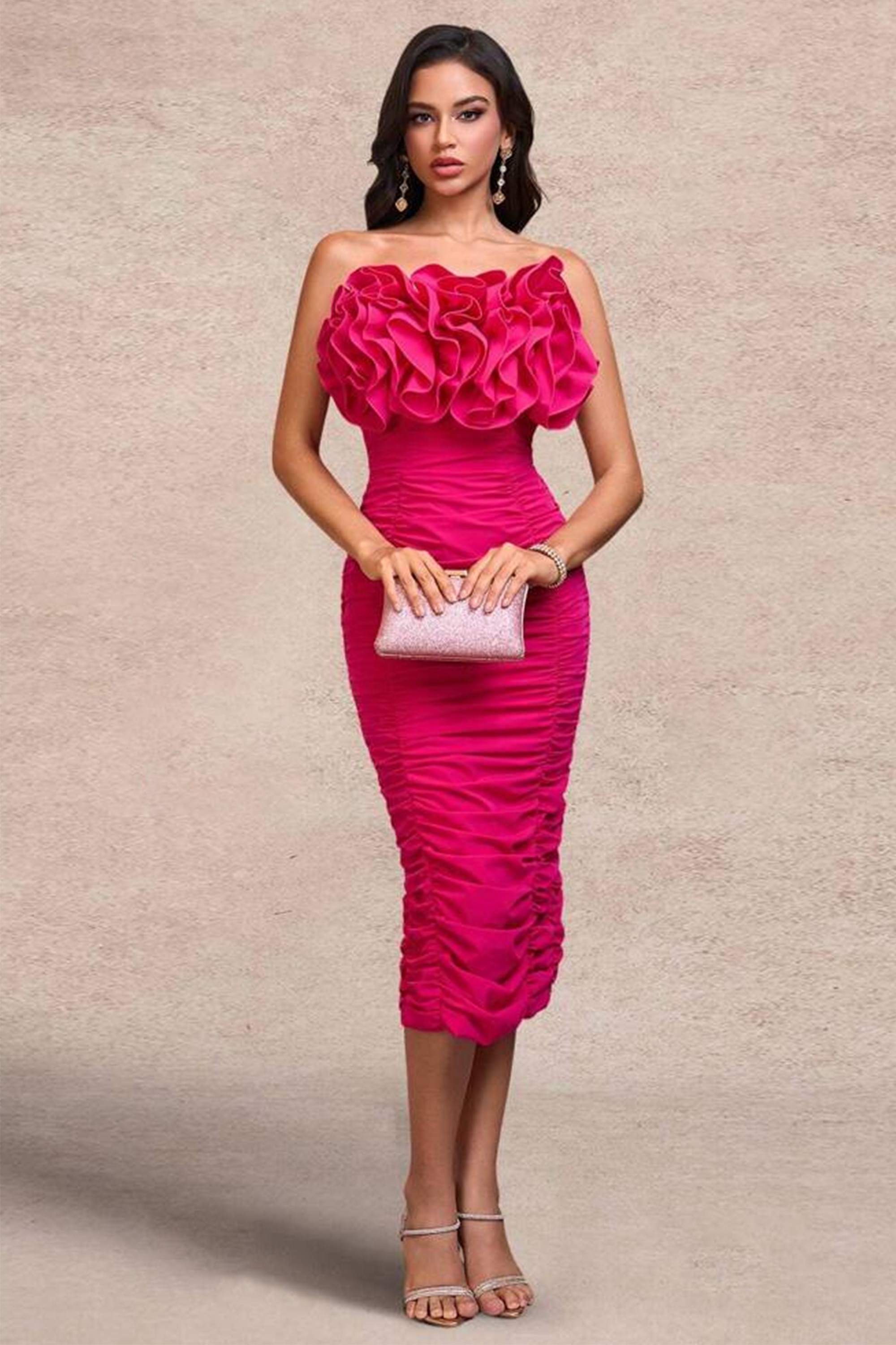 Solid Off-Shoulder Ruched Midi Dress