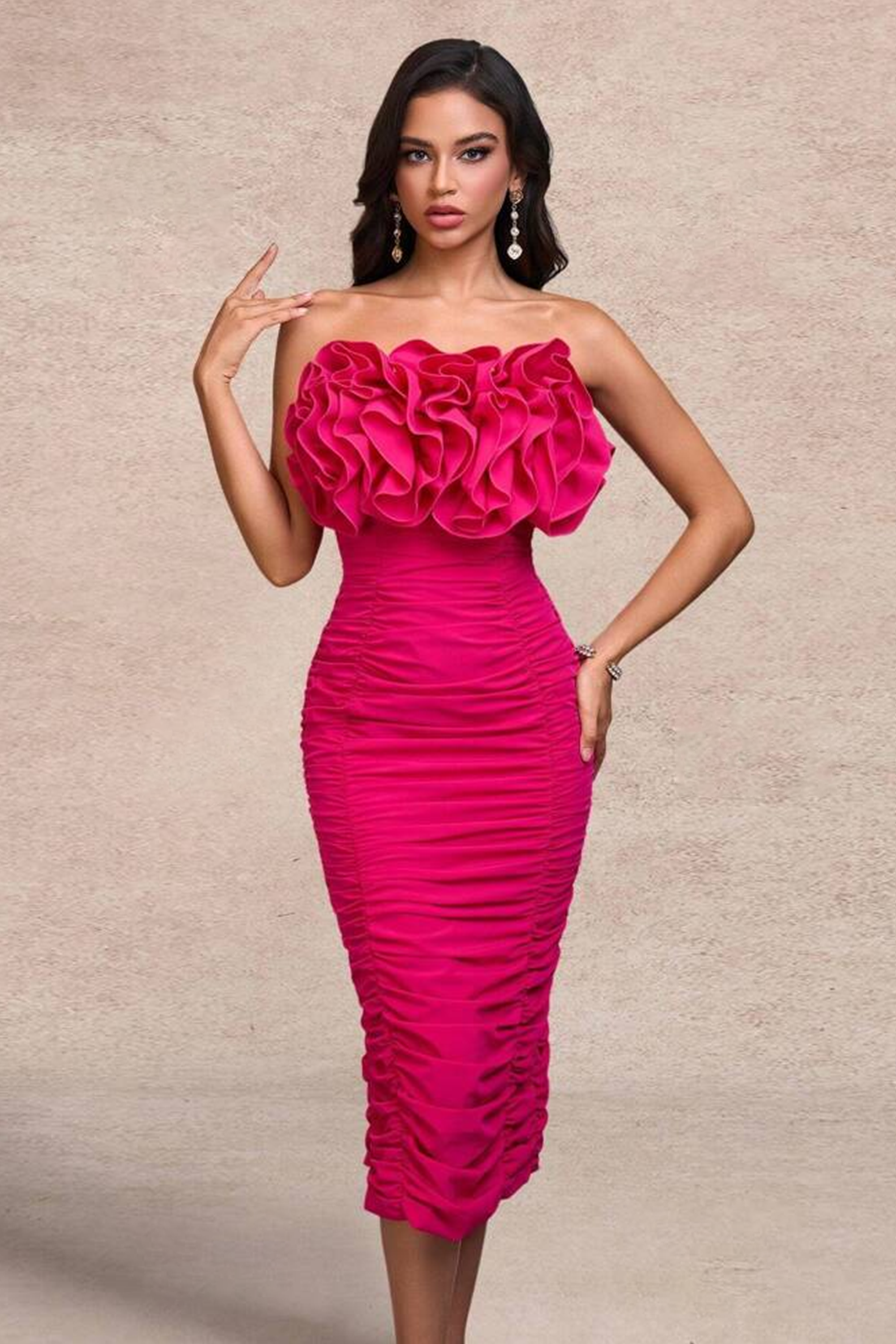 Solid Off-Shoulder Ruched Midi Dress