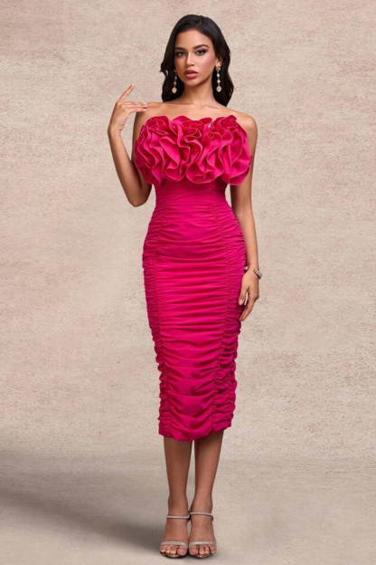 Solid Off-Shoulder Ruched Midi Dress