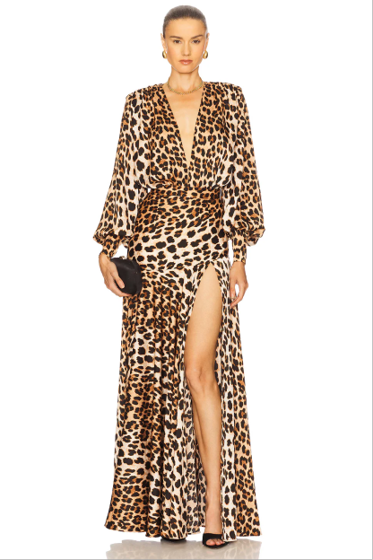 Leopard Print V-Neck Slit Maxi Dress