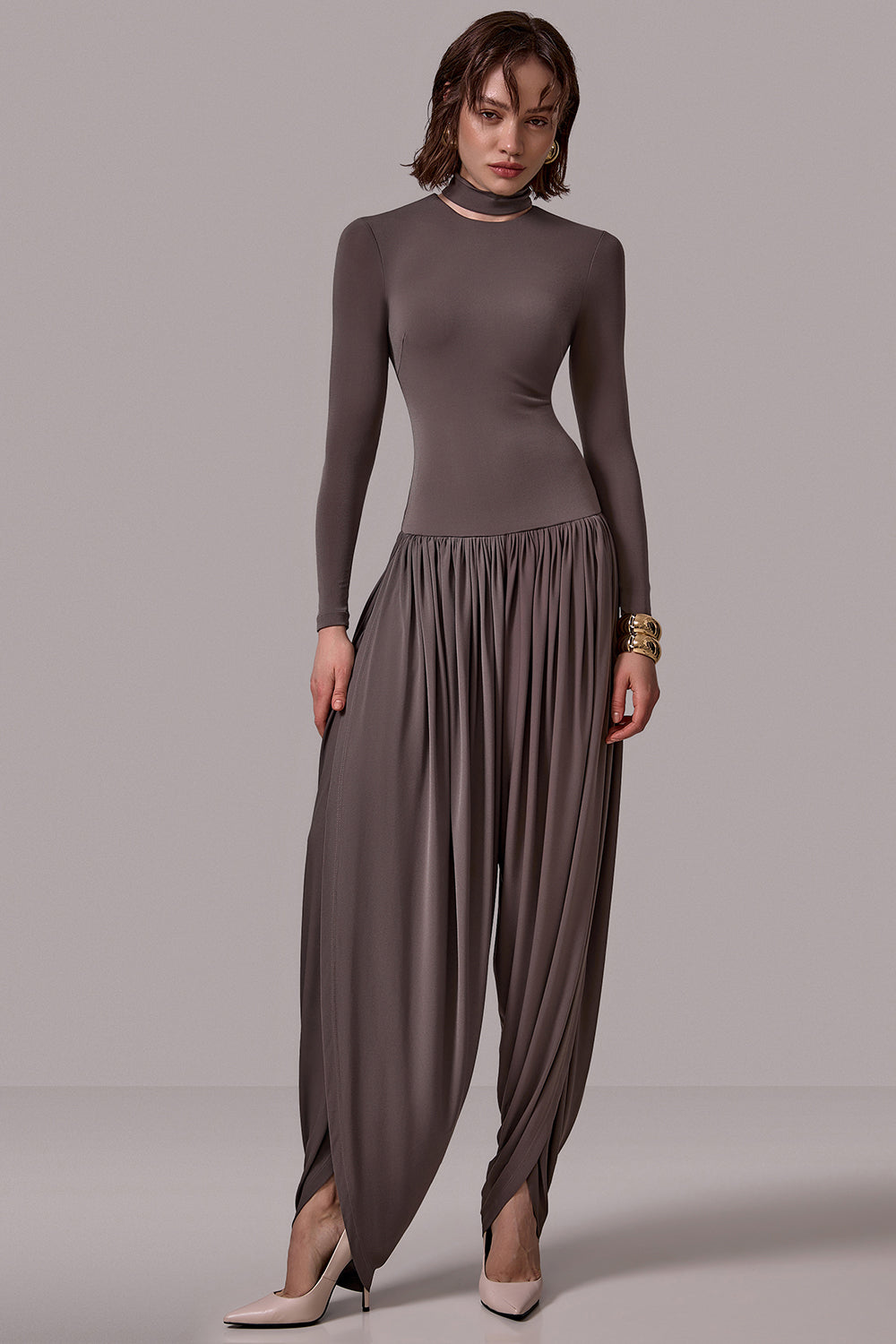 Solid Long Sleeve Slit Jumpsuit