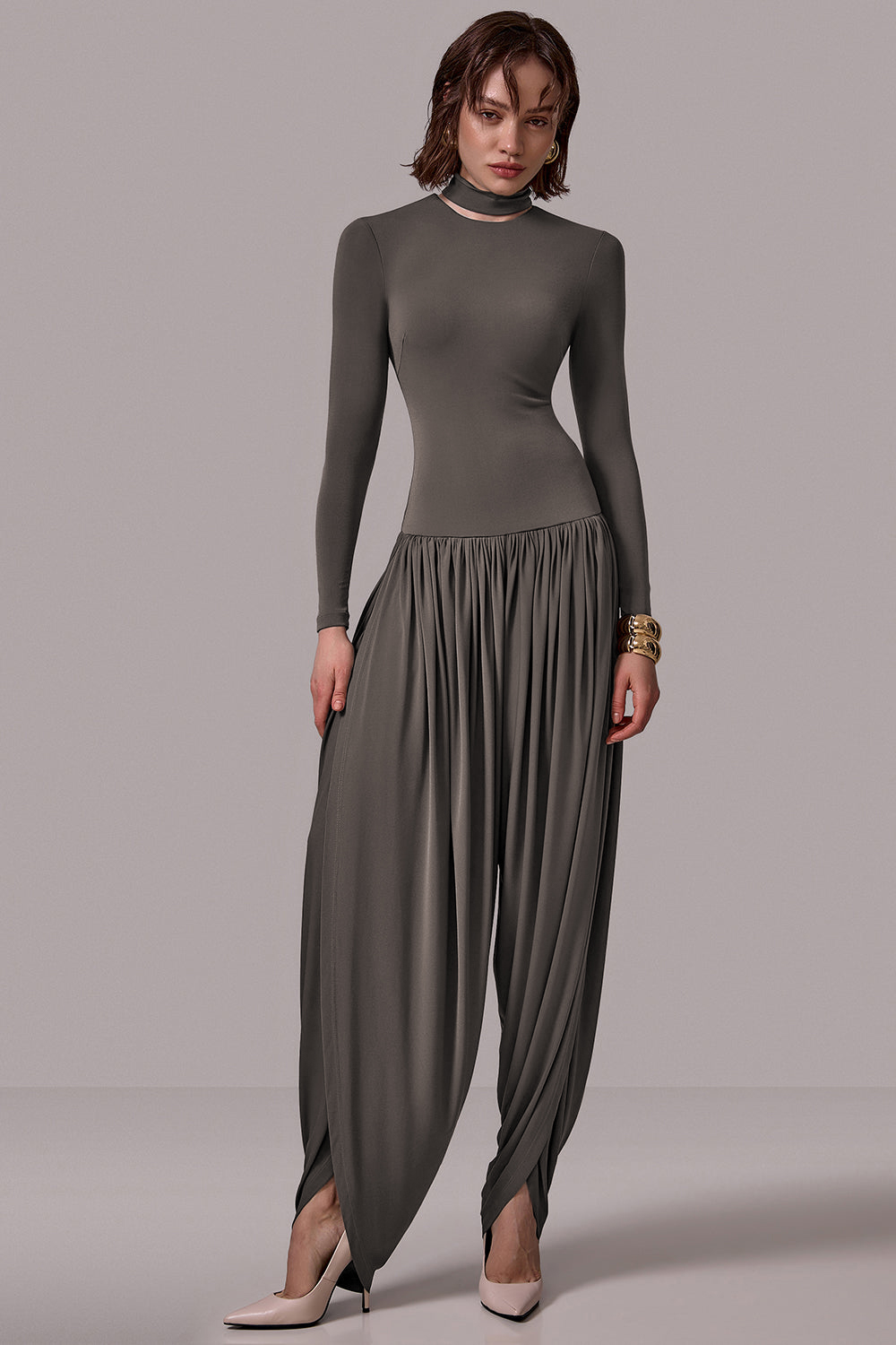 Solid Long Sleeve Slit Jumpsuit