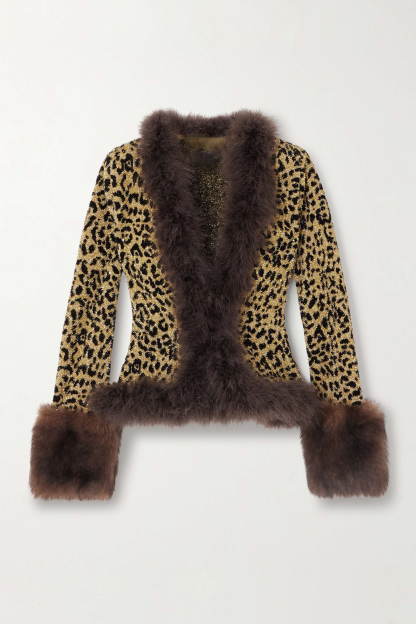 Leopard Print Luxury Splicing Faux Fur Fabric Top & Mid Waist Mini Skirt Set