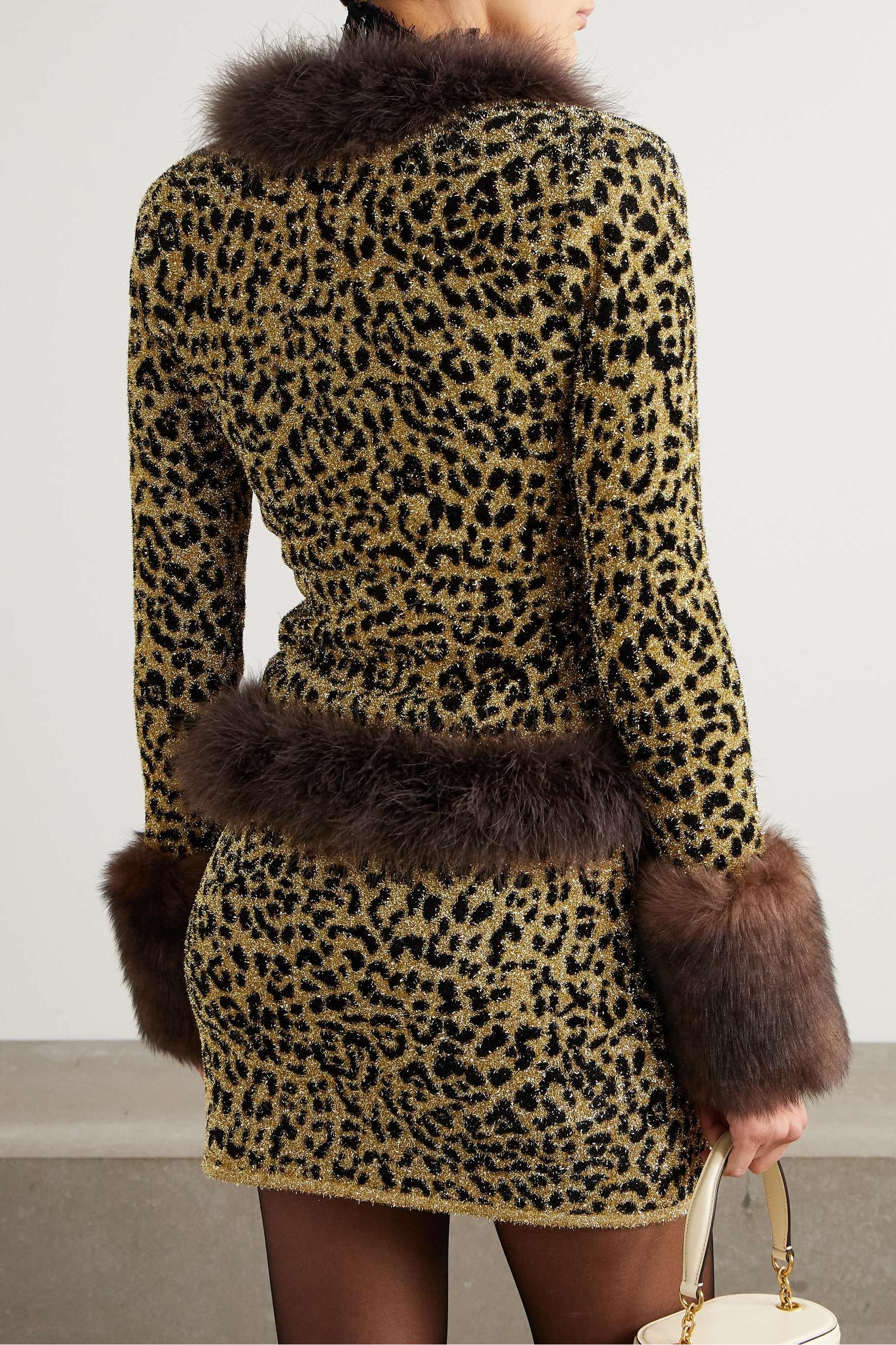 Leopard Print Luxury Splicing Faux Fur Fabric Top & Mid Waist Mini Skirt Set