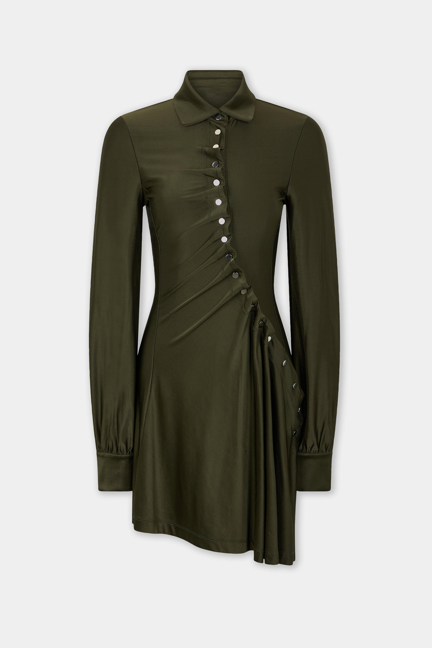 Satin Metal Button Long Sleeve Midi Dress