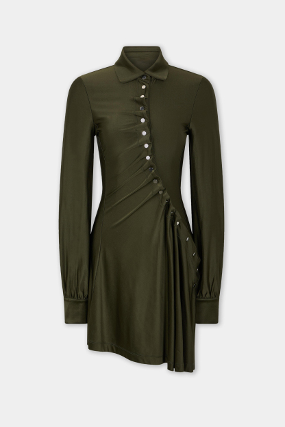 Satin Metal Button Long Sleeve Midi Dress