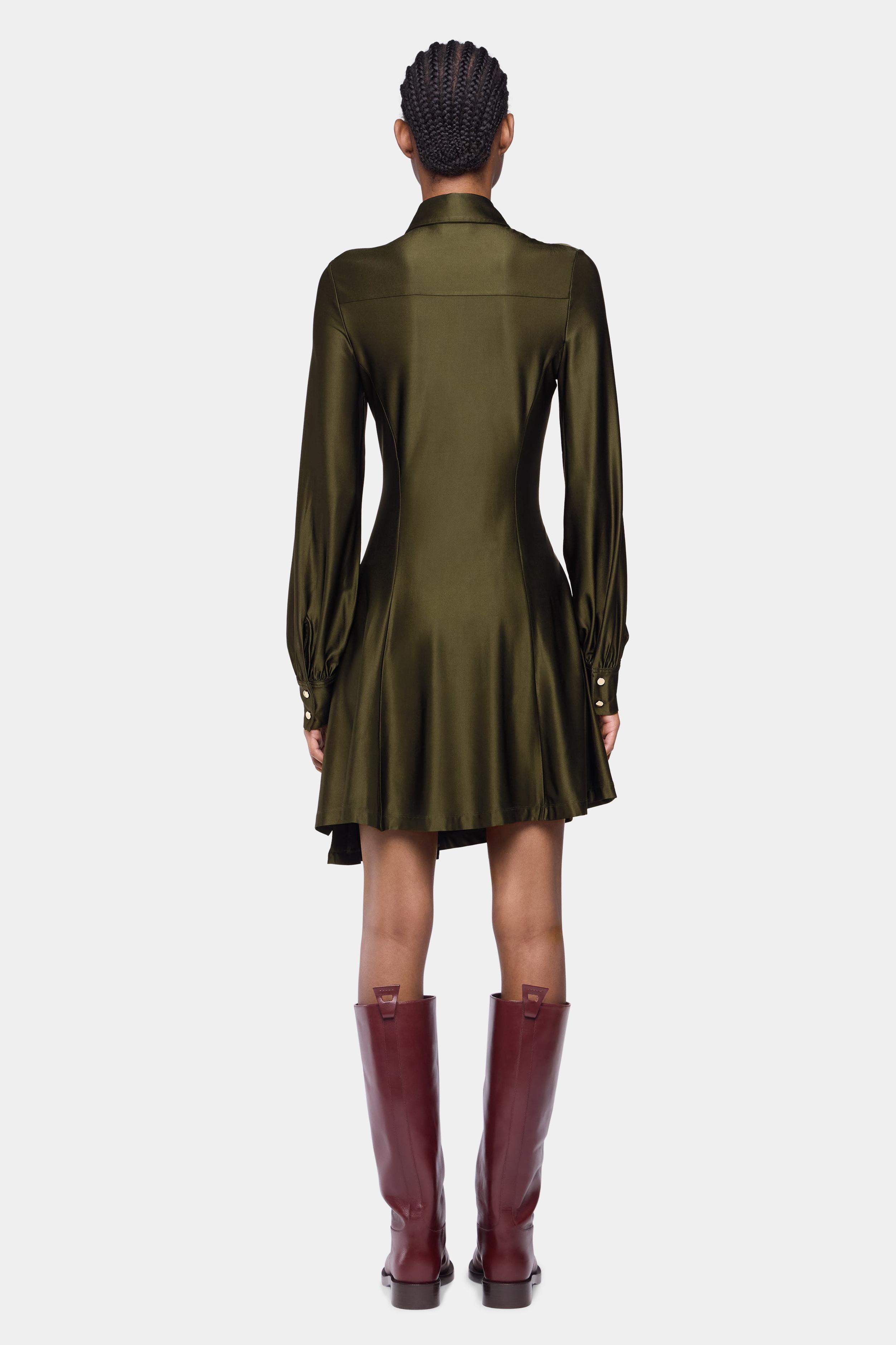 Satin Metal Button Long Sleeve Midi Dress