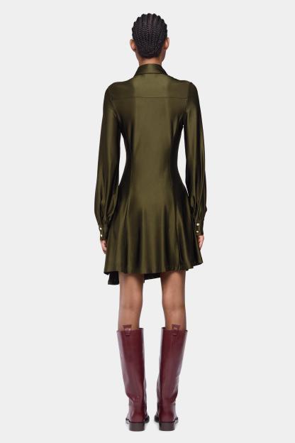 Satin Metal Button Long Sleeve Midi Dress