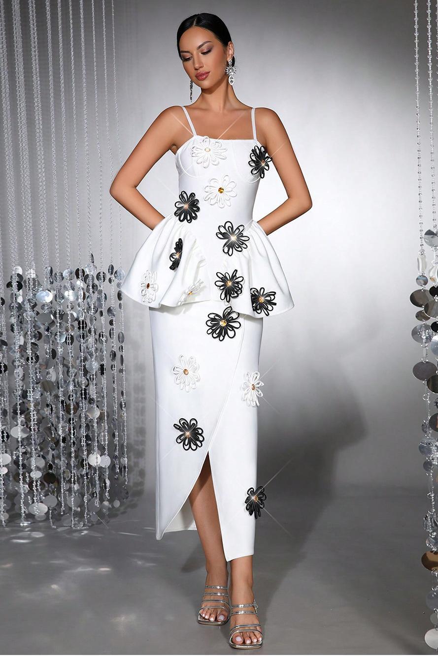 Bandage 3D Flower Rhinestone Midi Dress