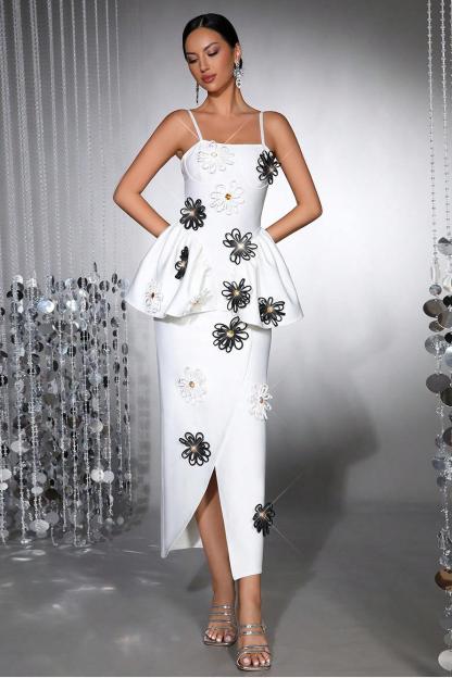 Bandage 3D Flower Rhinestone Midi Dress