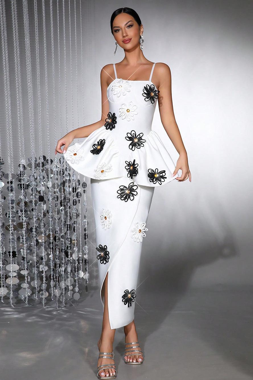 Bandage 3D Flower Rhinestone Midi Dress
